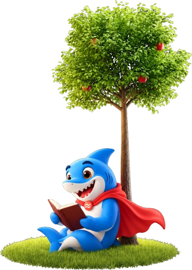 The Coral Flow shark reading under an apple tree